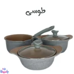 رویس قابلمه چدن ۵ پارچه چیکو؛ شامل قابلمه و ماهیتابه چدنی با درب شیشه‌ای