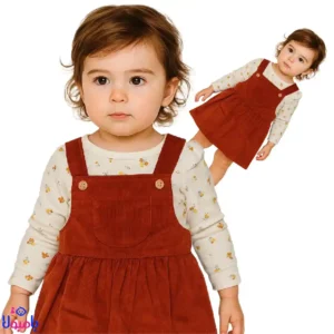 سارافون قرمز آجری دخترانه با دامن چین‌دار و جیب جلو برند George