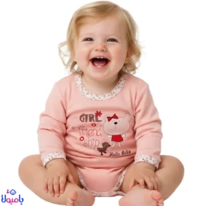 بادی آستین بلند دخترانه طرح خرس صورتی Hello Baby