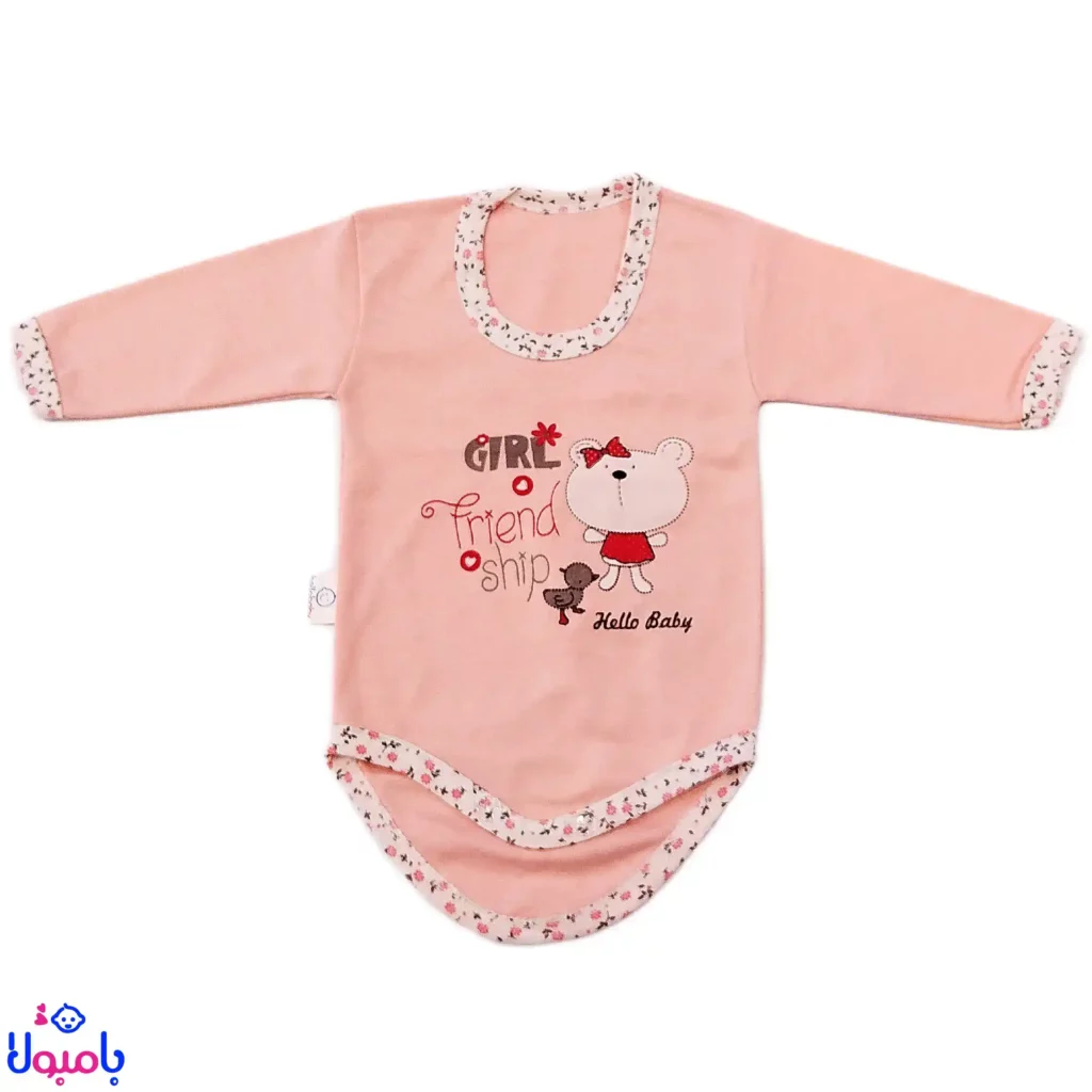 بادی آستین بلند دخترانه طرح خرس صورتی Hello Baby