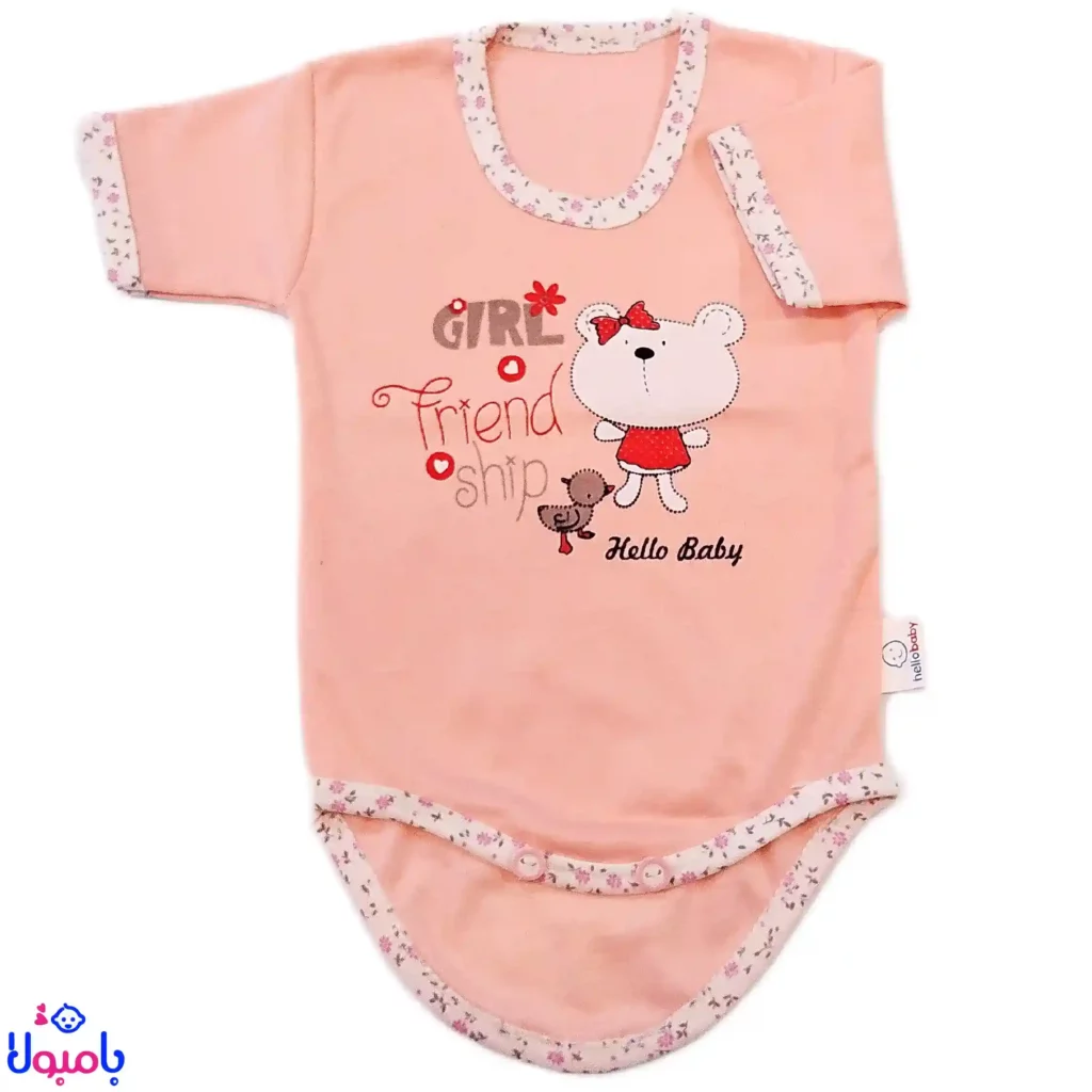 بادی آستین کوتاه دخترانه طرح خرس صورتی Hello Baby