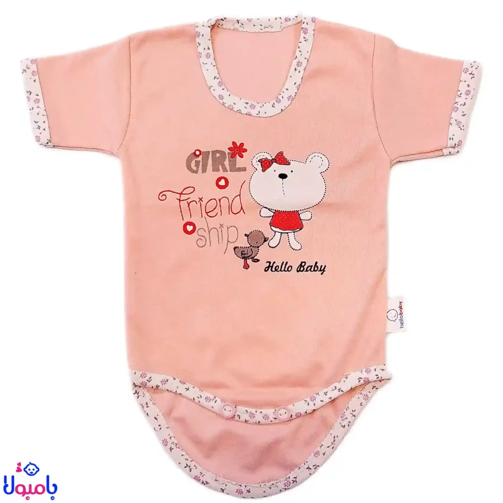 بادی آستین کوتاه دخترانه طرح خرس صورتی Hello Baby