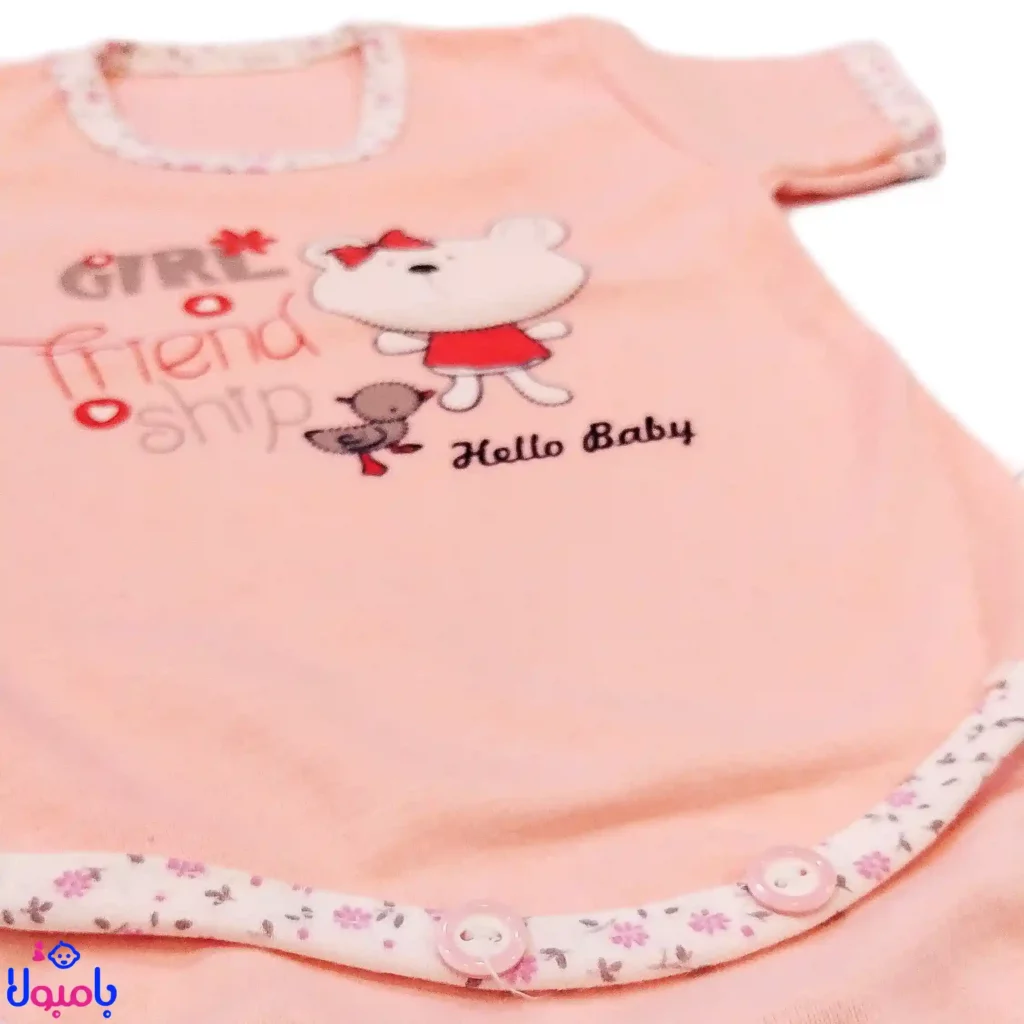 بادی آستین کوتاه دخترانه طرح خرس صورتی Hello Baby