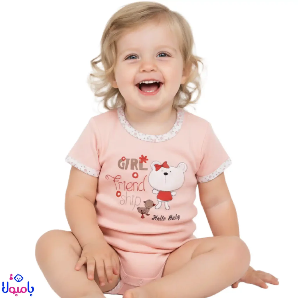بادی آستین کوتاه دخترانه طرح خرس صورتی Hello Baby