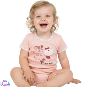 بادی آستین کوتاه دخترانه طرح خرس صورتی Hello Baby