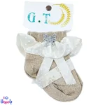 جوراب لب تور کرم قهوهای نوزاد | پاپیوندار، مناسب نوزاد تا 3 ماه