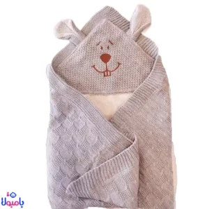 پتو دورپیچ کلاهدار نوزاد بافت طوسی طرح خرگوش