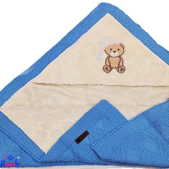 پتو آستردار نوزادی سفید آبی طرح خرسی