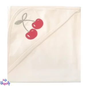 پتو دورپیچ کلاهدار نوزاد سفید آلبالو 76*76 سانتیمتر